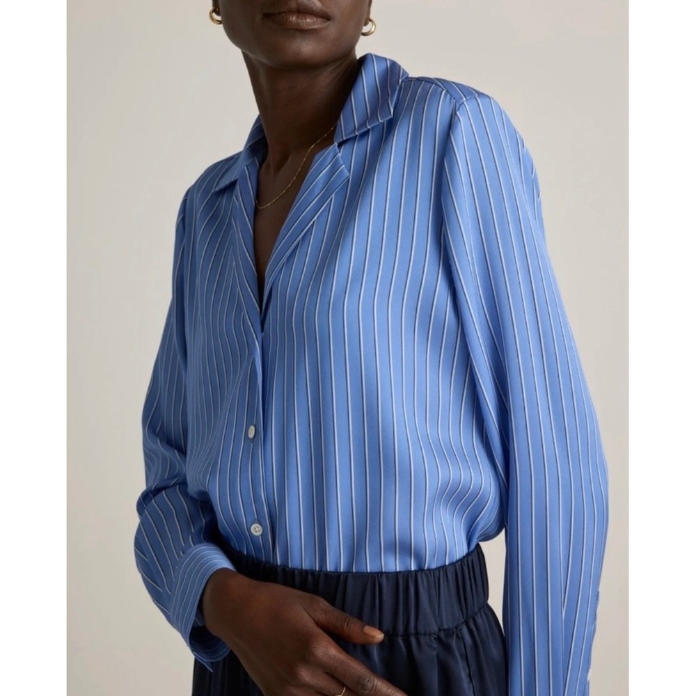QUINCE Washable Stretch Silk Blouse Women Medium Blue Striped Lapis Horizon - Picture 2 of 16